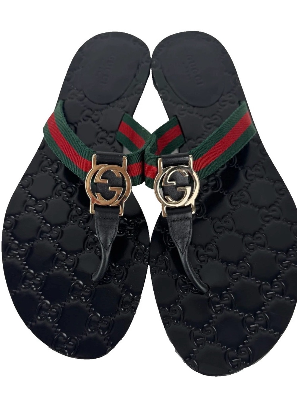 Gucci Black Leather Thong Sandals with Red and Green Web and Gold GG - Picture 2 of 15
